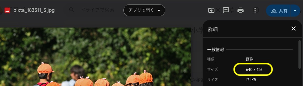 Googleドライブ画像の大きさ取得